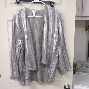 Chico's Shimmery Silver Striped Open-Front Cardigan